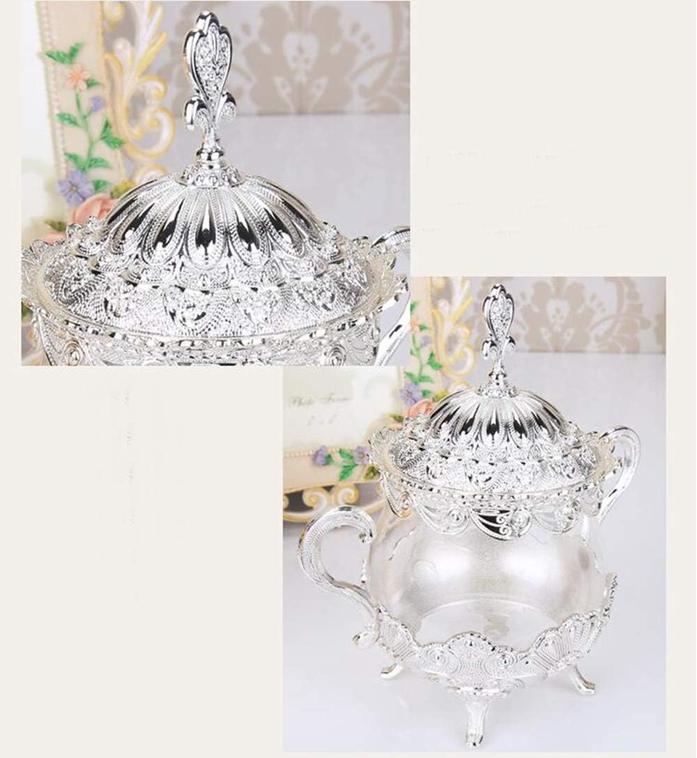 NYW European Glass Jars Gold/Silver Plated Lids Glass Container Sugar Bowl Tea Coffee Seasoning Storage Condiment Jars With Spoons And Lid (Silver 1)