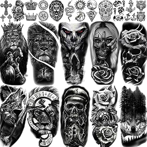 EGMBGM 22 Sheets Halloween Skull Temporary Tattoos For Women Neck 3D Pirate Captain Lion Warrior Evil Joker Gangster Fake Tattoo Stickers For Men Adults Arm Rose Flower Cross Long Lasting Tatoos Kids Cover