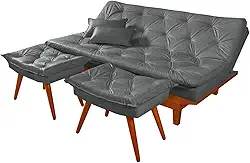 Sofa Cama Caribe Em Courino Couro Sintetico + Duas Banquetas (Cinza)