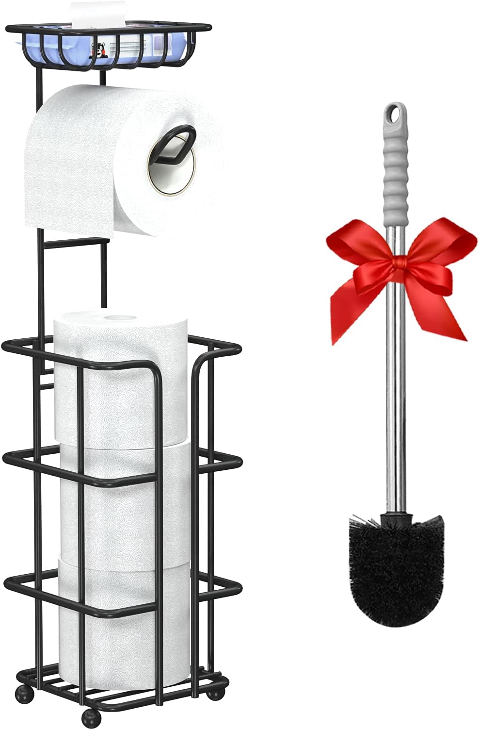 Toilet Paper Holder Toilet Paper Stand Toilet Paper Roll Holder Black Toilet Paper Holder with Shelf and Dispenser for 3 Spare Mega Rolls Free Standing Bathroom Tissue Holder