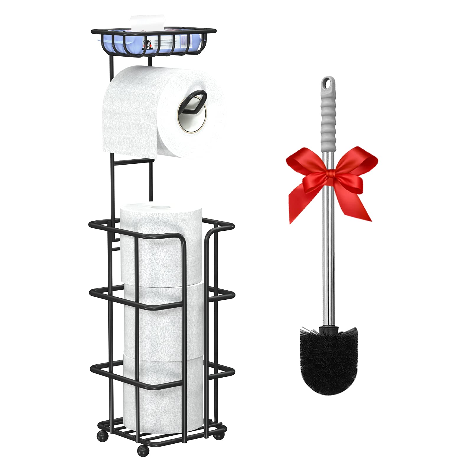 Toilet Paper Holder Toilet Paper Stand Toilet Paper Roll Holder Black Toilet Paper Holder with Shelf and Dispenser for 3 Spare Mega Rolls Free Standing Bathroom Tissue Holder