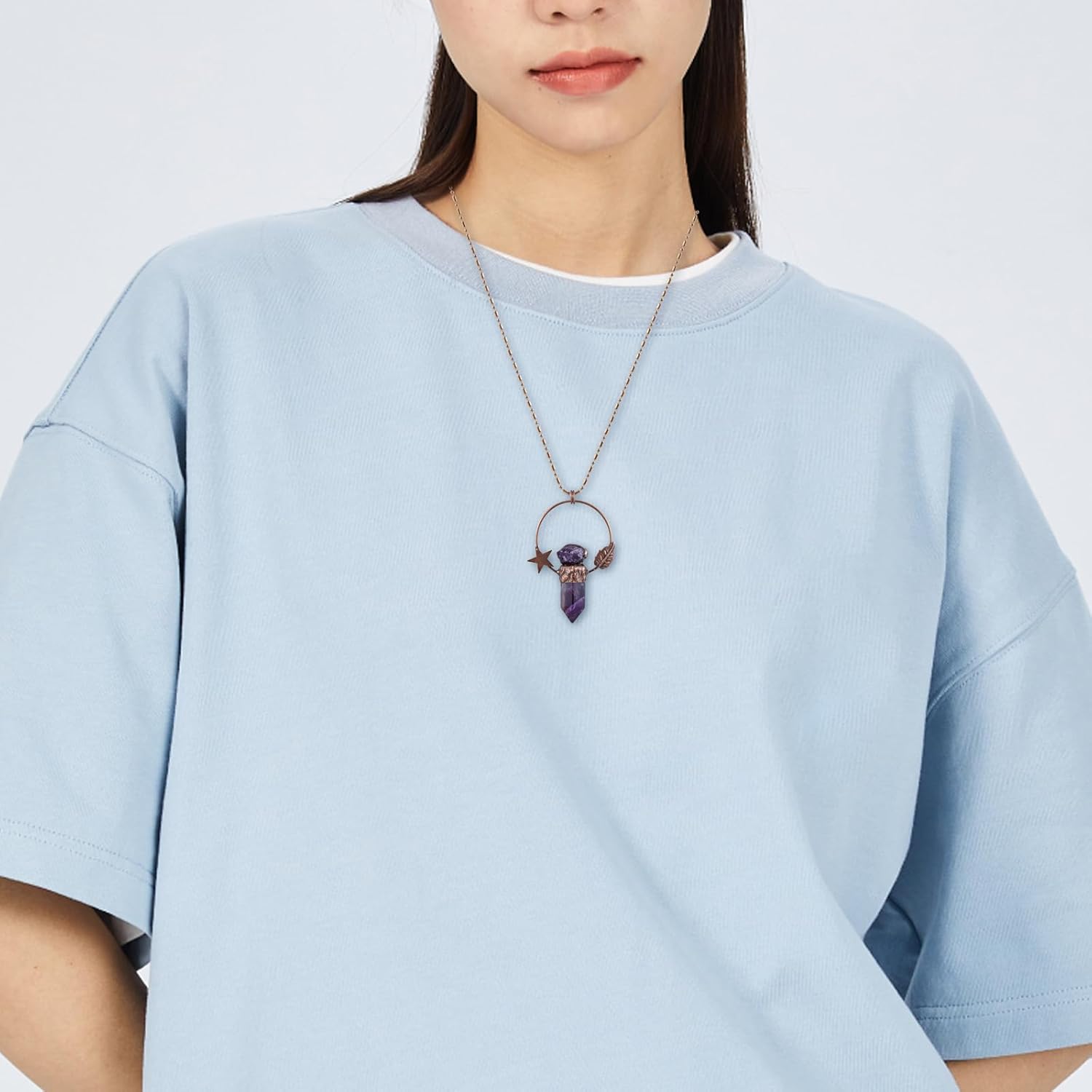 SUNYIK Natural Hexagonal Crystal Pendant Necklace for Women Men, Raw Amethyst Charm Pendant with Adjustable Chain - Image 4