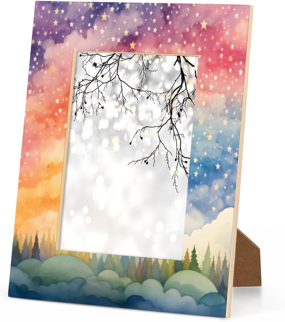 Art Rainbow Stars 5x7 Picture Frame Wooden Picture Frames for Wall Hanging & Tabletop Decor Display 5x7 or 5x5 Picture Collage Family Weddings Christmas Photo Frame for Gift