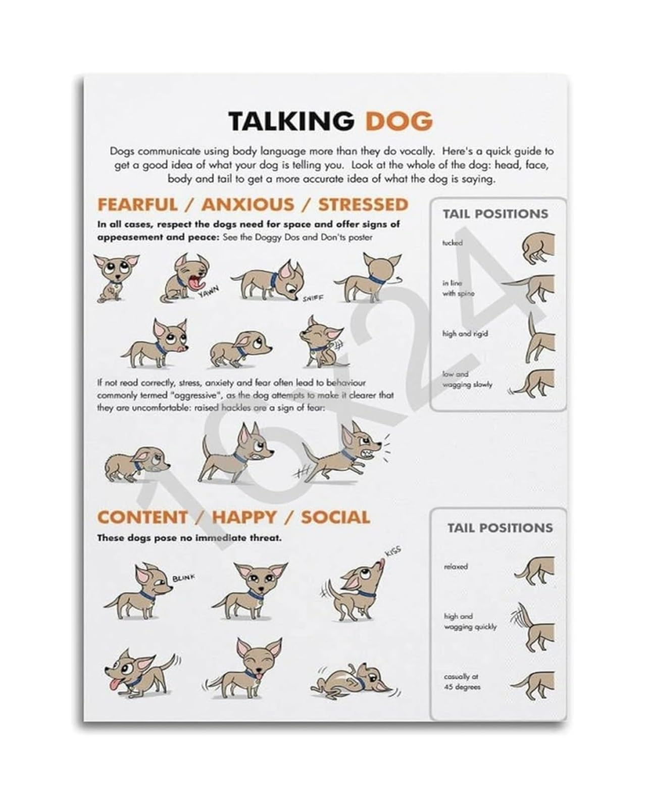 IDGTTLDF Canine Communication Poster Dog Body Language Signals Decoder Chart Infographic for Dog Training and Owner Education Unframed,08x12inch(20x30cm)