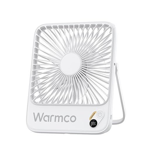 Warmco 10000mAh Portable Travel Fan 7-inch, Max 24H Runtime, Ultra-thin Quiet Rechargeable Battery Operated Desk Fan with Digital Display for Camping, Office, Bedroom, Cruise Essentials White