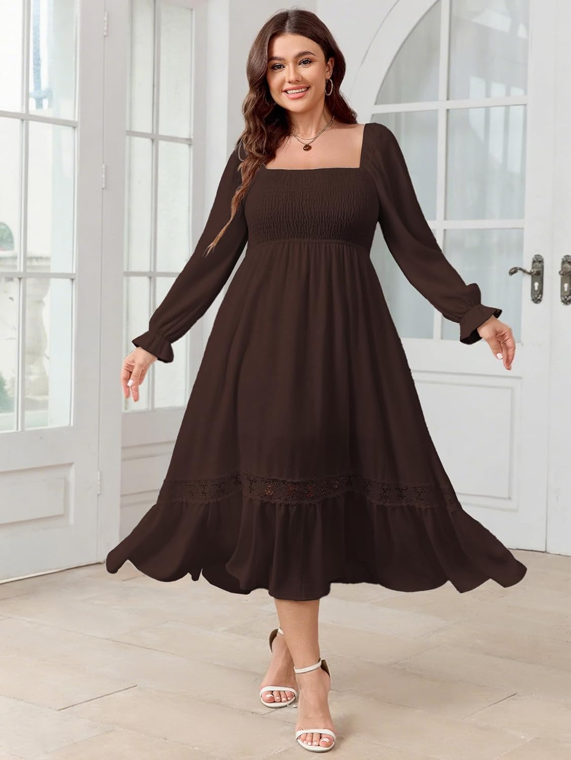 SCOMCHIC Womens Plus Size Fall Dresses Long Sleeve Square Neck Wedding Guest Smocked Flowy Boho Country Western Maxi Dress - Image 3