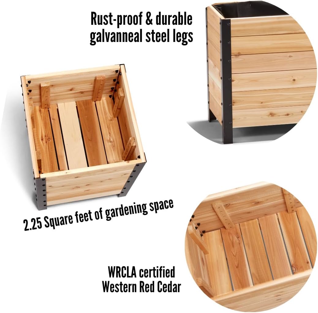 EARTH ELEVATED 100% Canadian Cedar Wood Elevated Garden Bed for Gardening - Planter Pot to Grow Herbs Flowers, and Vegetables at Home Indoor and Outdoor Patio Balcony Deck - 18” x 18” x 24”