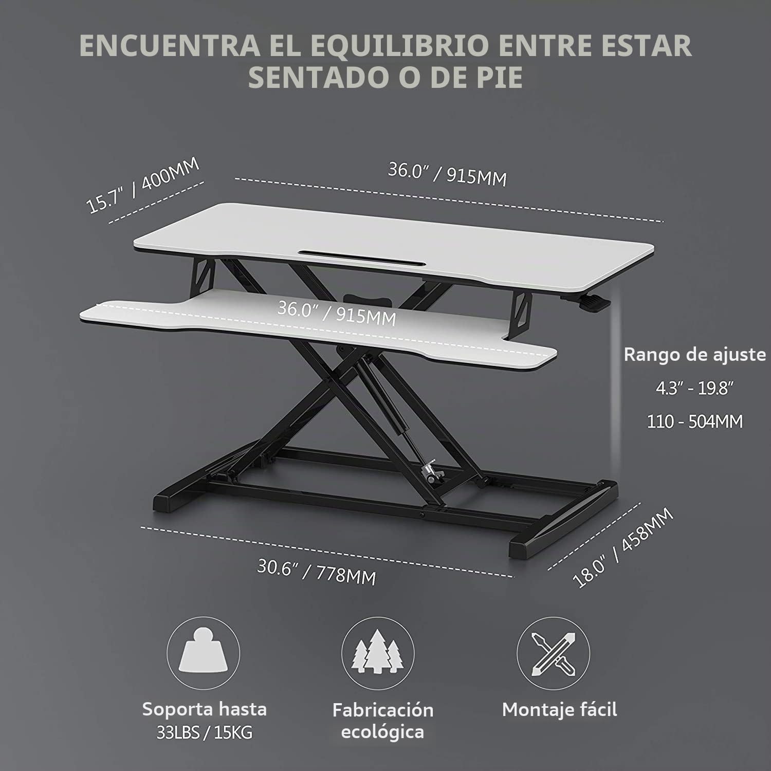 FITUEYES Standing Desk Converter Grande 36''/91.5cm Convertidor de Escritorio de Pie para Doble Monitor Altura Ajustable con Bandeja de Teclado Profunda y Soporte para Teléfono (Blanco)