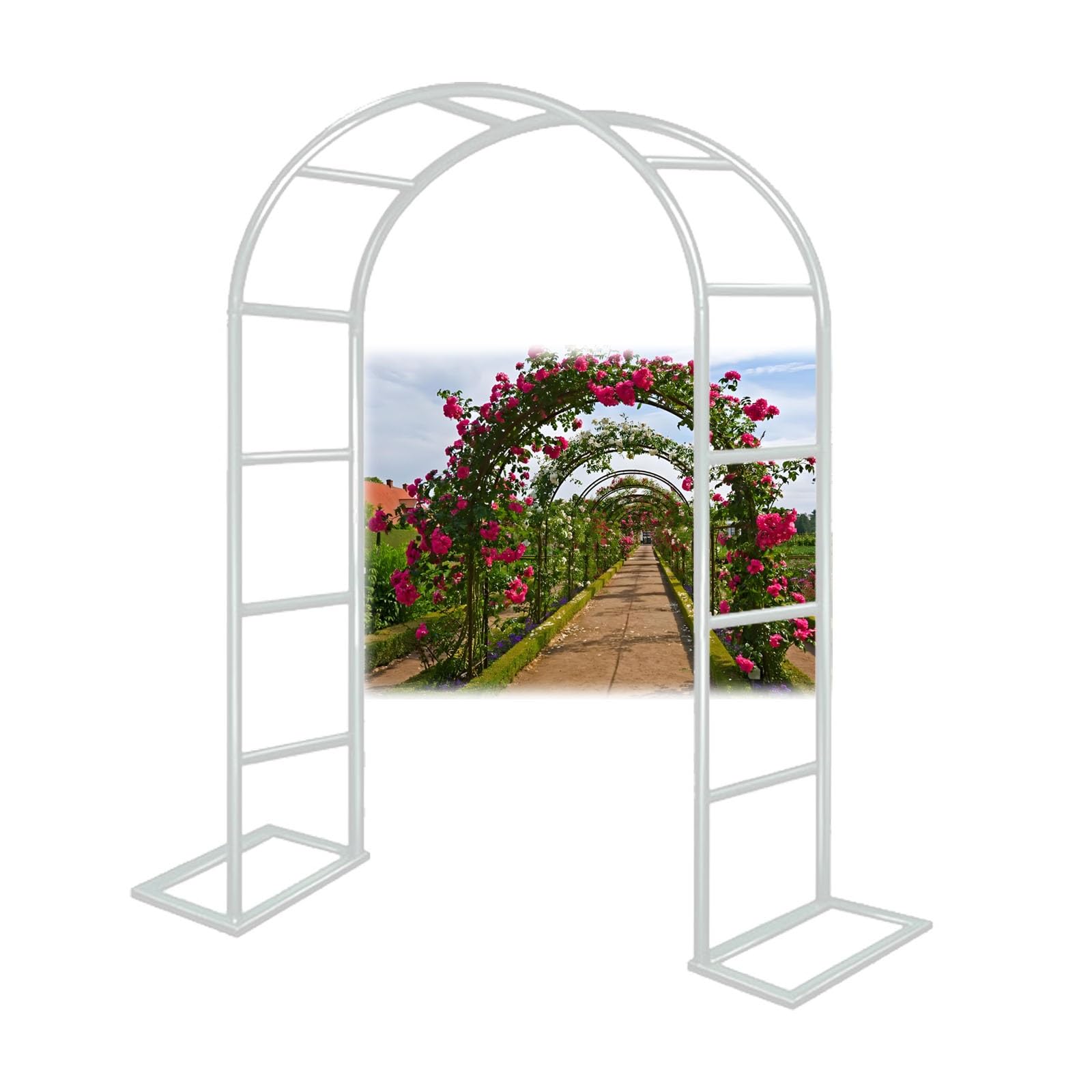 Gartenbogen aus Metall mit Sockel, 350 x 220 cm, Rosenstütze, Rankhilfe für Kletterpflanzen, Terrassenlaube, weißer Torbogen für Gartendekoration, elegante Pflanzenunterstützung