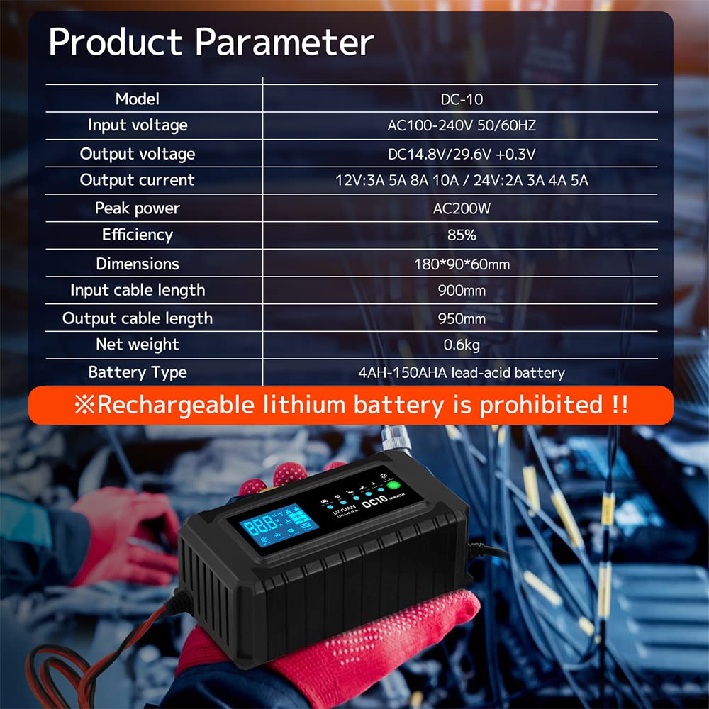 Caricabatterie auto 10A 12V/24V Caricabatterie automatico LCD intelligente con funzione invernale ed estiva Protezioni multiple per batterie auto moto piombo-acido/AGM/EFB/Gel