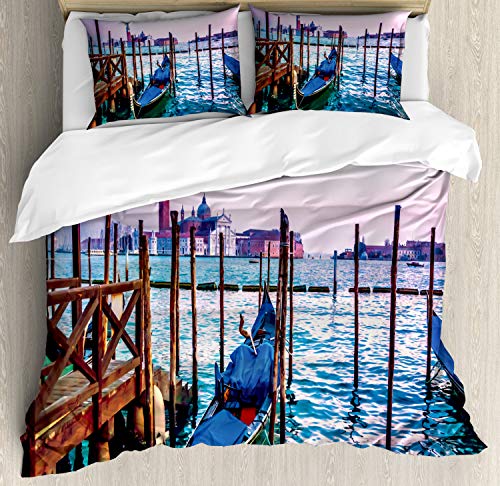 ABAKUHAUS Venecia Funda Nórdica, Ver ensueño en la Tarde, Estampado Lavable 3 Piezas con 2 Fundas de Almohada, 200 x 200 cm   70 x 50 cm, Lila Azul Marrón