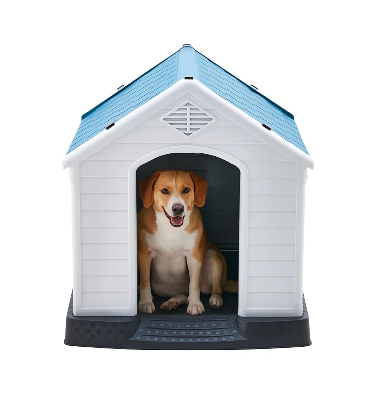 EG Outdoor Dog Kennel, Weather-Resistant Plastic Pet House, 73.6 x 66.5 x 69.5 cm, White and Blue, 8 kg