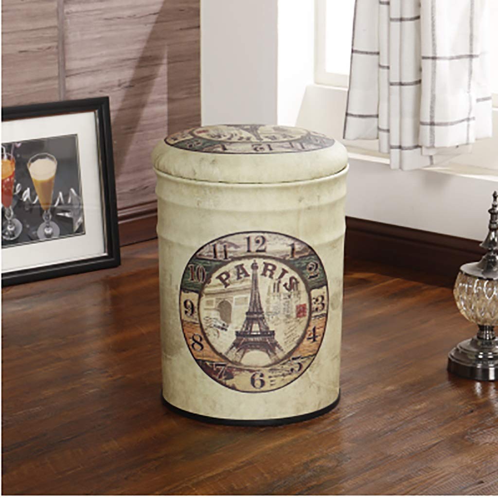 AYCDL Barstool American Vintage Wrought Iron Chair Storage Stool,Home Vintage Iron Stool Faux Leather Stool/Ottoman,C