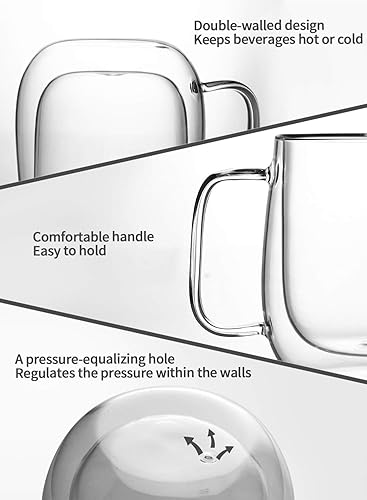 Miniatura 3 de Kanwone Tazas de café de vidrio grandes, 14 onzas, vasos aislados de doble pared con asa, tazas de café de vidrio transparente, perfectas para café