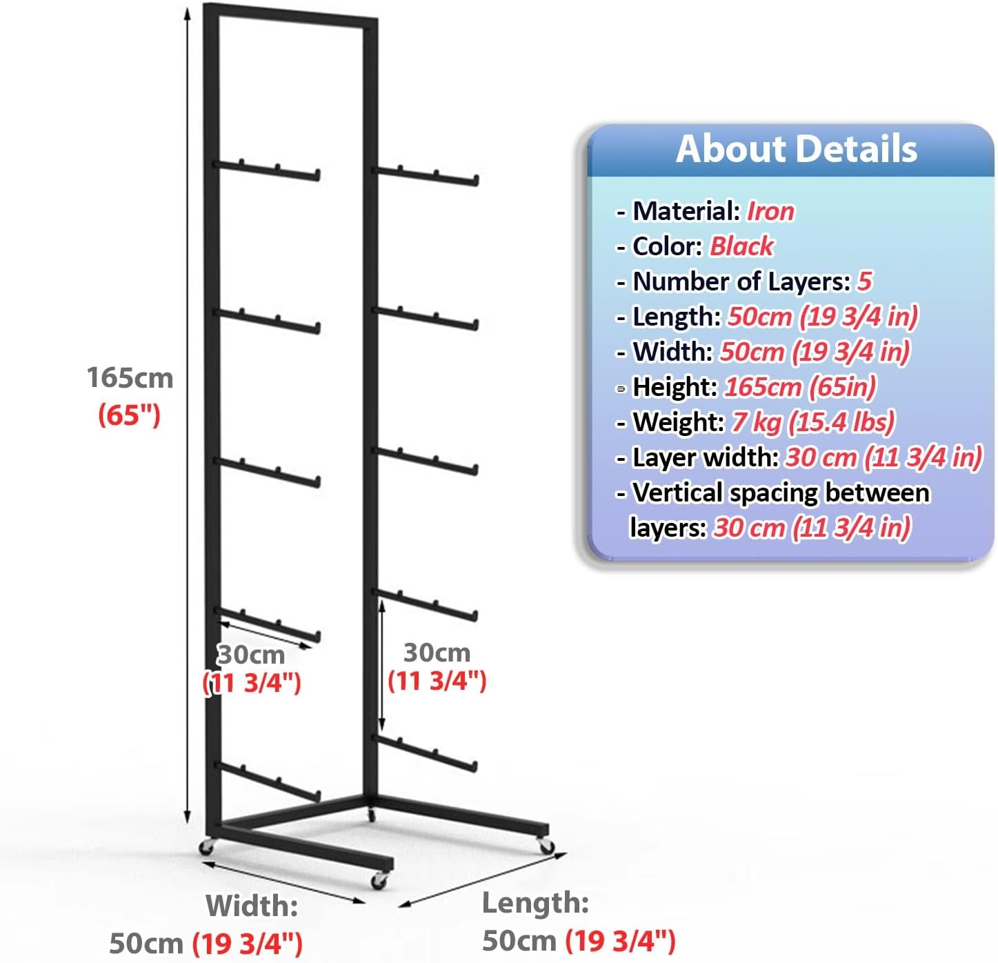 Floor-Standing Rolling Ski Rack, Longboard Holder for Storage Downhill Skiing Poles/Items/Skis, Multi-Purpose Snowboard Organizer Shelf(5 Layer)