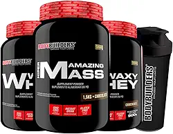 KIT 2x Waxy Whey 900g + Amazing Mass 1,5kg + Coqueteleira - Bodybuilders Sabor Chocolate