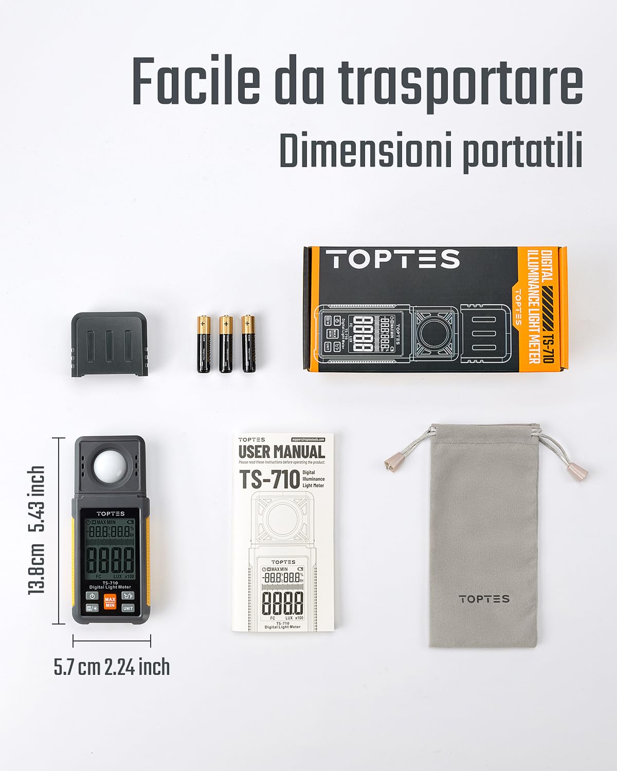 TopTes TS-710 Luxmetro Digitale, Luxmetro Portatile con Sensore Rotato di 180º, Schermo LCD Retroilluminato, Unità Lux/FC, per Interni LED ed Esterni per Piante - Batteria Inclusa