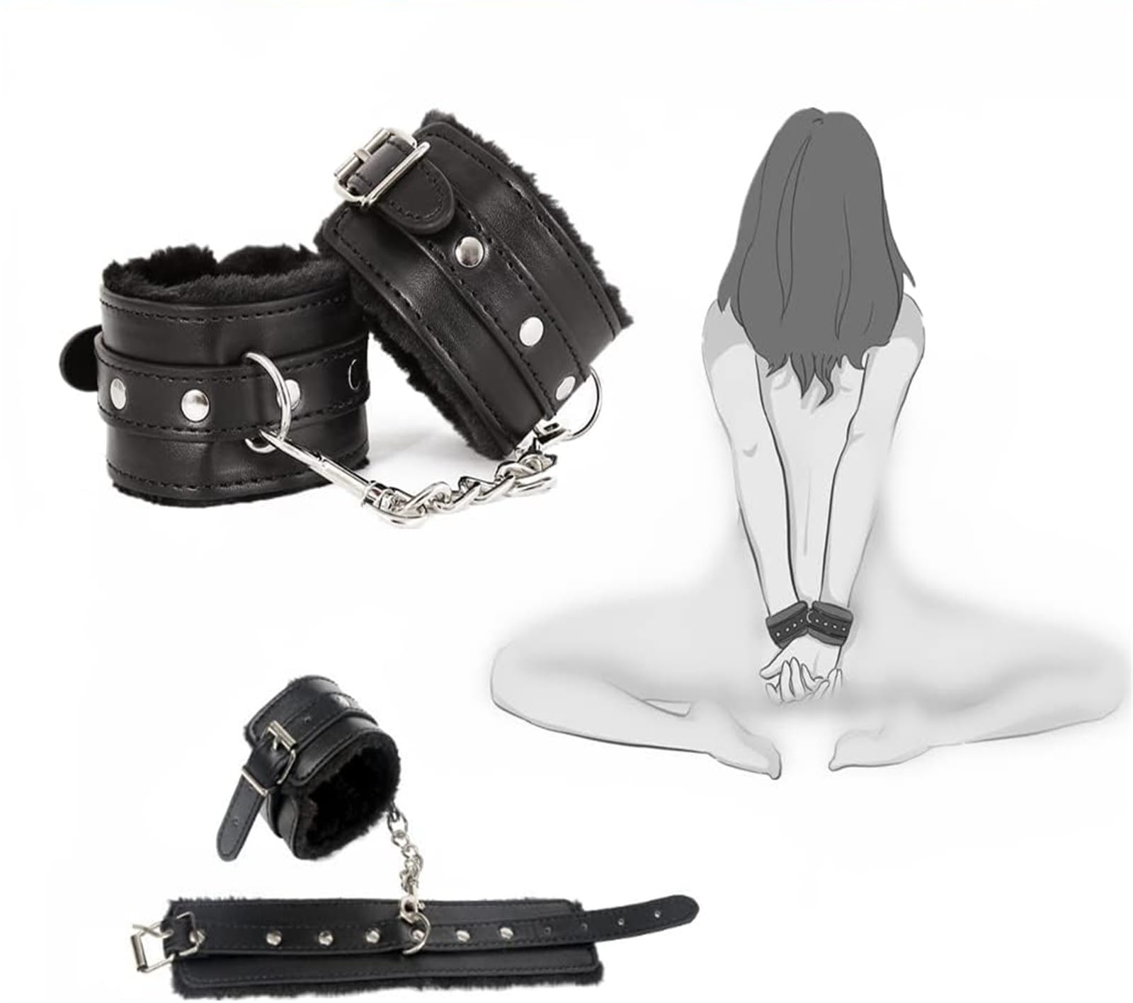 Kit Benda e Manette in Raso - Maschera Occhi Nera e Bracciale Regolabile (Nero)