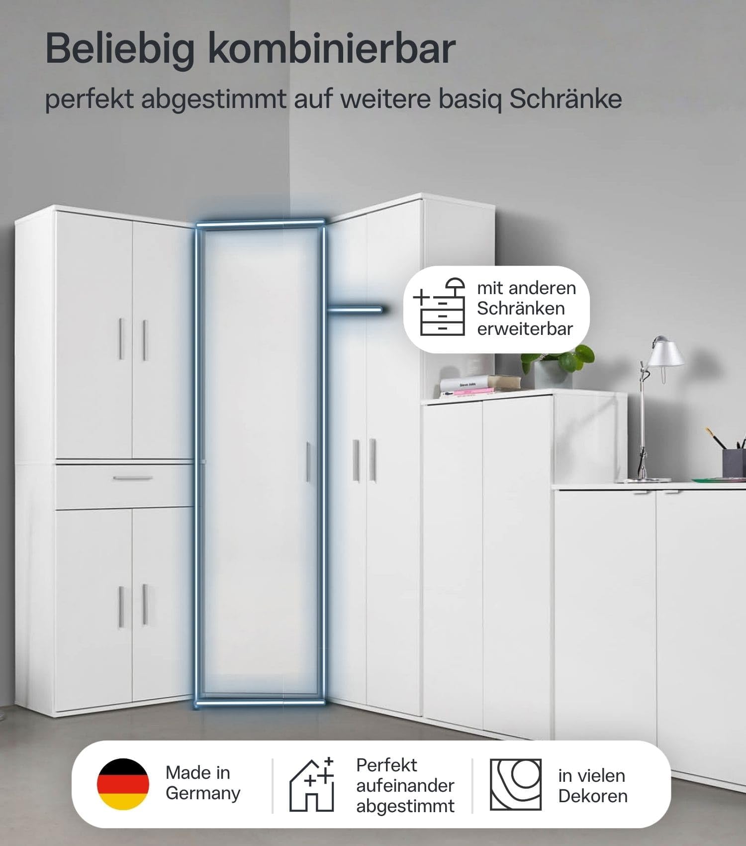 mokebo Mehrzweckschrank Eckschrank (64x180 cm) 'Der Lange' Made in Germany aus Holz Aktenschrank für Flur oder Büro Allzweckschrank Vorratsschrank Weiß