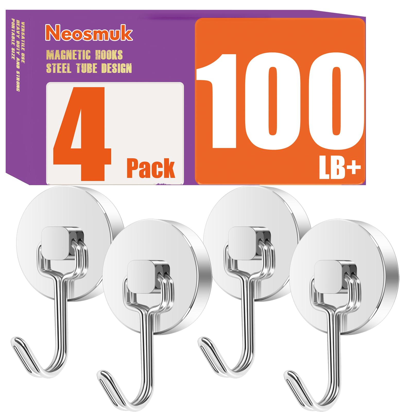 Neosmuk Magnetic Hooks,100lb+ Heavy Duty Magnet Hooks for Cruise Cabins and Refrigerator,for Hanging Towels, Coats, Bags on Door and Metal Walls(Silver, Pack of 4)