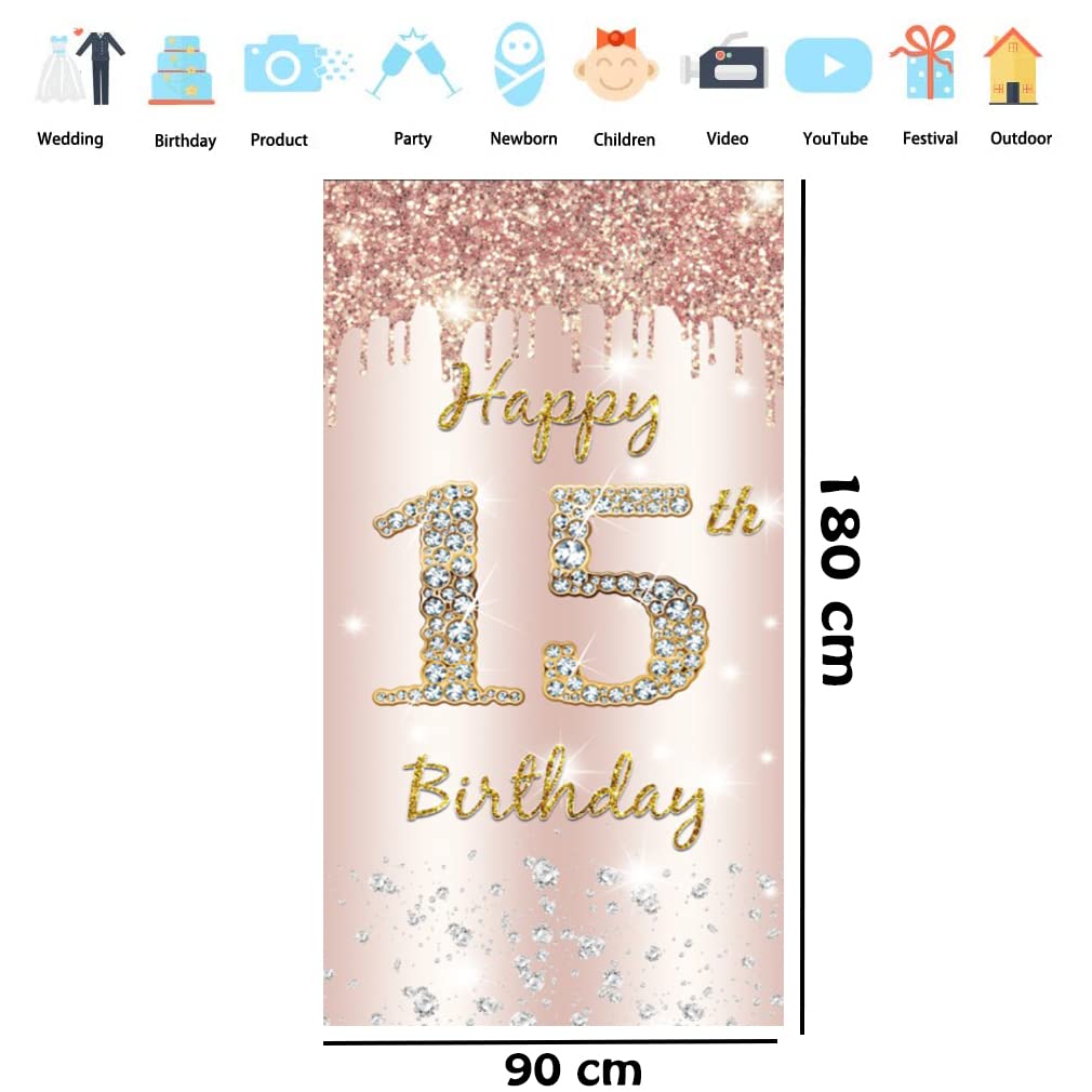 15. urodziny dziewczyna dekoracja, Happy 15th Birthday Door baner różowe złoto, 15. urodziny materiał szyld szyld plakat dekoracja drzwi, 15. urodziny tło baner, przyjęcie urodzinowe tabliczka powitalna