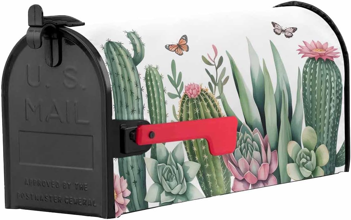 Tropical Mailbox Covers Magnetic Mailbox Wraps, Green Cactus Purple Flower Butterfly Rustic Post Letter Box Cover for Garden Yard Outdoor Decor Standard Size 18x21 Inch