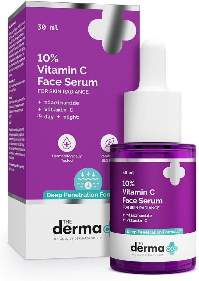 The Derma Co 10% Vitamin C Face Serum with Niacinamide, Hyaluronic Acid & Ferulic Acid, Advanced 3-O Ethyl Ascorbic Acid Formula for Skin Brightening, Targets Dullness, Pigmentation & Dark Spots, 30ml