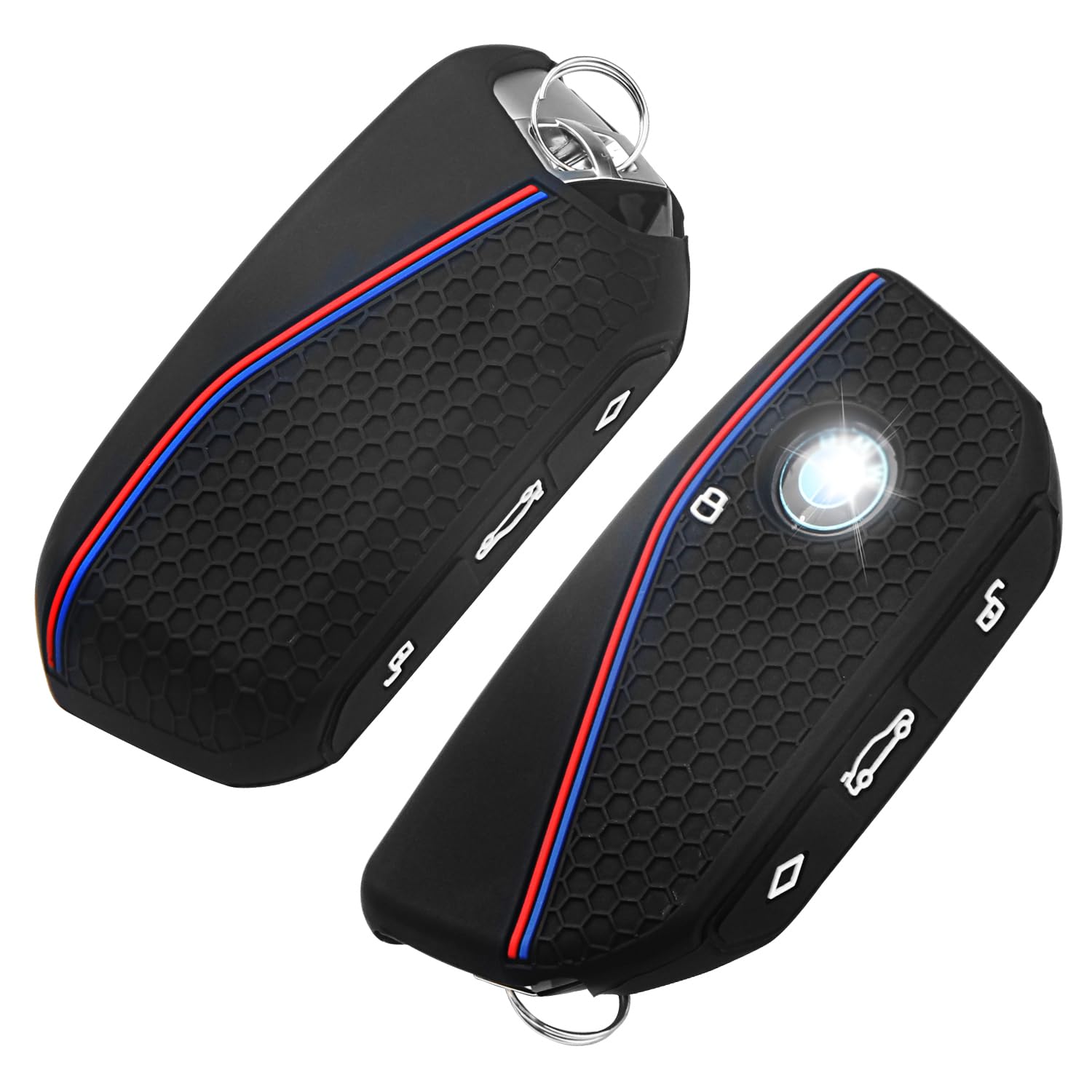 QBUC 2PCS for BMW Key Fob Cover, Soft Silicone Key Case for BMW 2024 2023 2025 7 Series IX I5 M60 X5 X7 X6 IX I7 Car Key Protector with Rings (3 Button,Black)