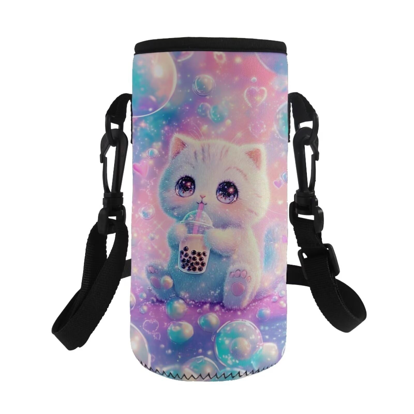 COEQINE Kids Cat Water Bottle Carrier for Travel Cute Boba Prubted Insulated Neoprene Water Bottle Holder Bag Adjustable Shoulder Strap Black for Travel Hiking Walking โ image 1