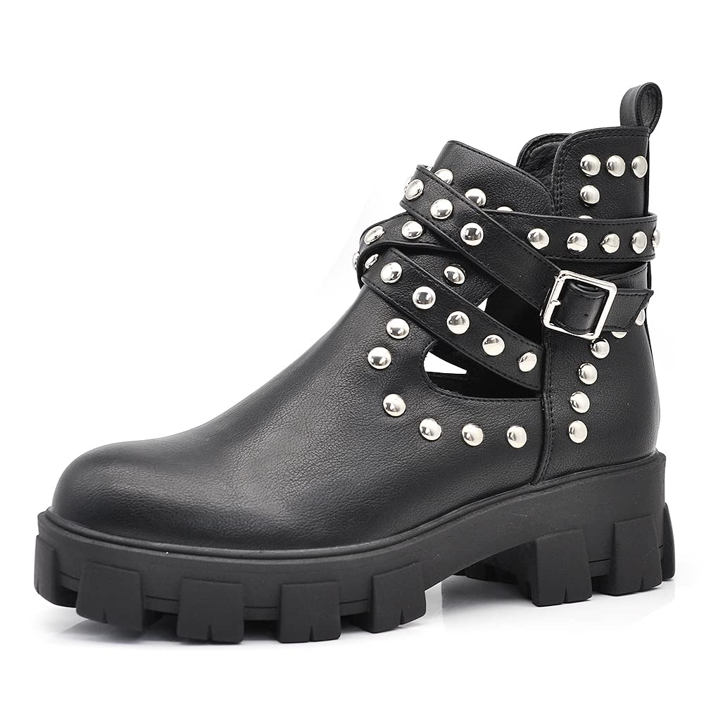 IF Fashion Scarpe da Donna Stivali Stivaletti Biker Fibbie Borchie Primaverili Traforati GR-6608