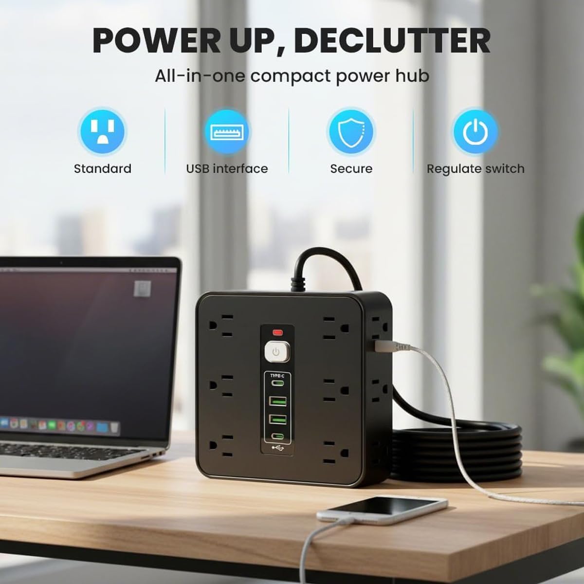 16-in-1 Power Strip with Switch & Surge Protection, 16 in 1 Power Strip Surge Protector, 12 AC Outlets & 2 USB-C, 2 USB-A, 6.6FT Extension Cord with Overload Protection (Black)