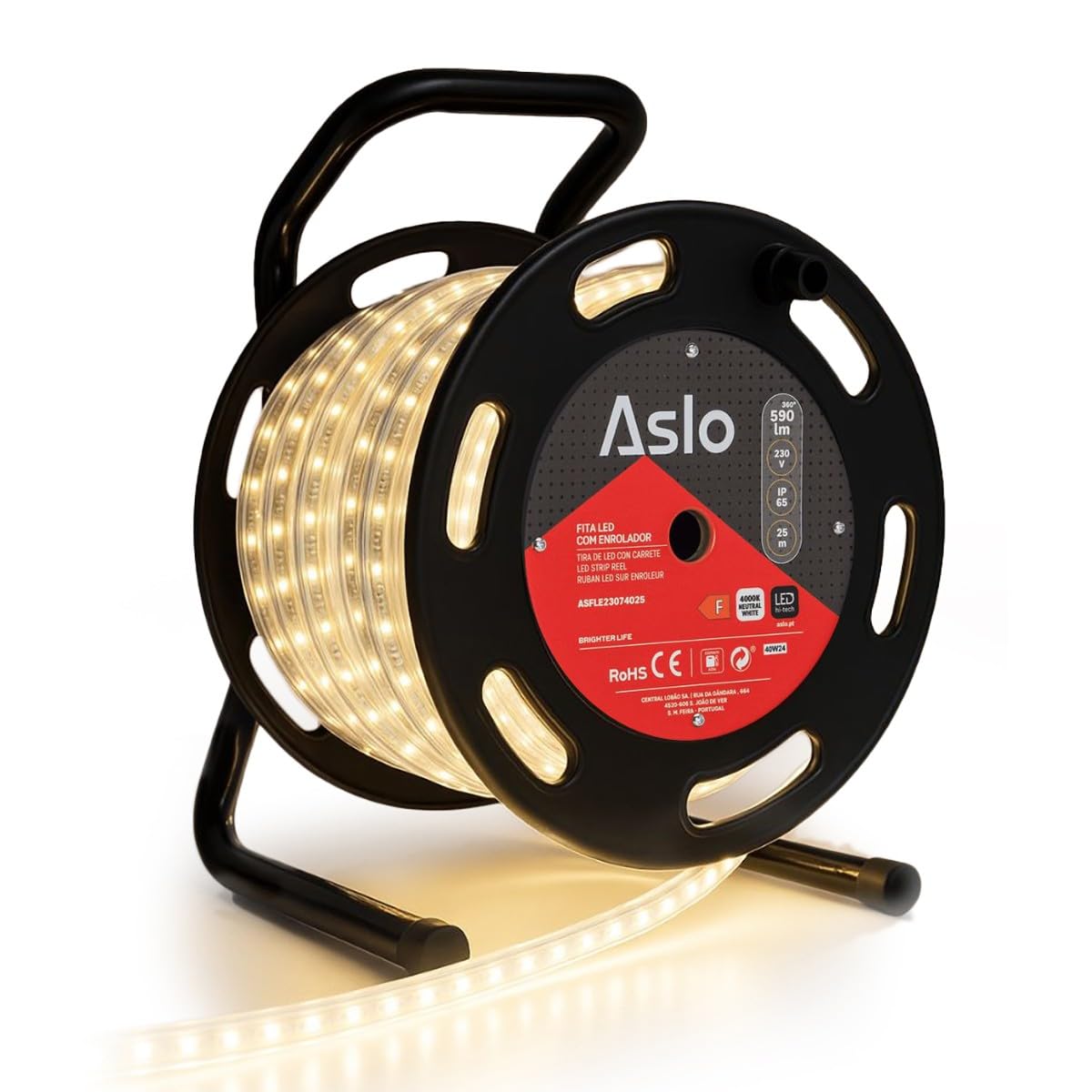 ASLO – Cinta LED de 7 W sobre bobinadora de 25 m – Guirnalda luminosa blanca 4000 K – para interior exterior y fachada casa evento