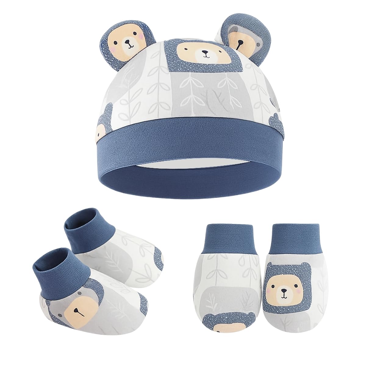 Youstylo 100% Cotton Newborn Baby Hat, Mitten & Booties Set, Soft & Breathable Infant Beanie Cap & Gloves Set, Anti-Scratch Mittens for Boys & Girls (0-12 Months)-image-5