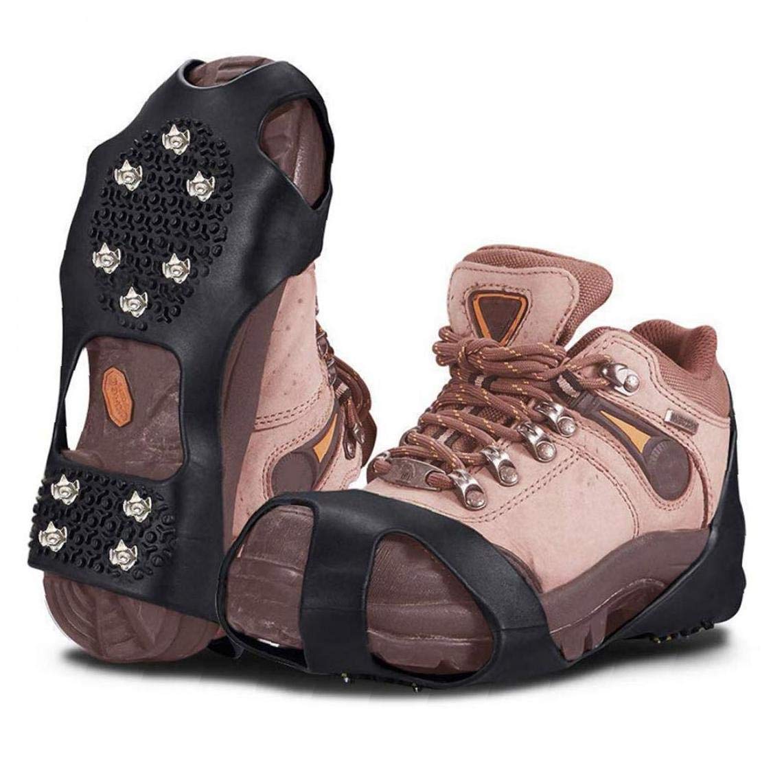Crampons Crampons de Glace Traction Chaussures antidérapantes poignées Chaussures Couverture Crampons de Glace Bottes de randonnée Crampons avec 10 Dents Noir L 1 Paire