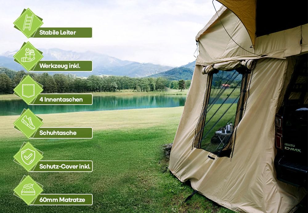 Family Plus Tente de toit pour 1 à 4 personnes (160 cm) avec auvent – Montage rapide, seulement 66 kg – Échelle, housse en PVC, sac à chaussures, outils inclus OutdoorU