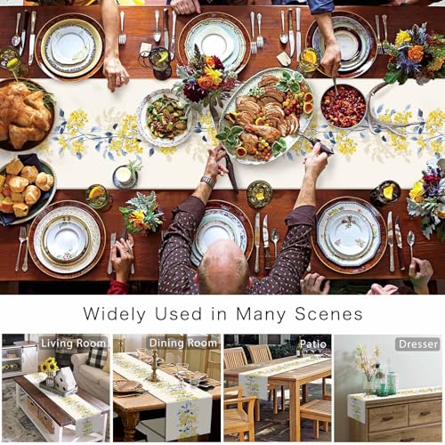 Spring Table Runner 90 Inches Long Summer Flower Wild Leaves Seasonal Runner for Tables Dining Room Blue White Yellow Floral Holiday Dinner Runner Party Table Decoration by TweetyBed - Used condition - Image 5