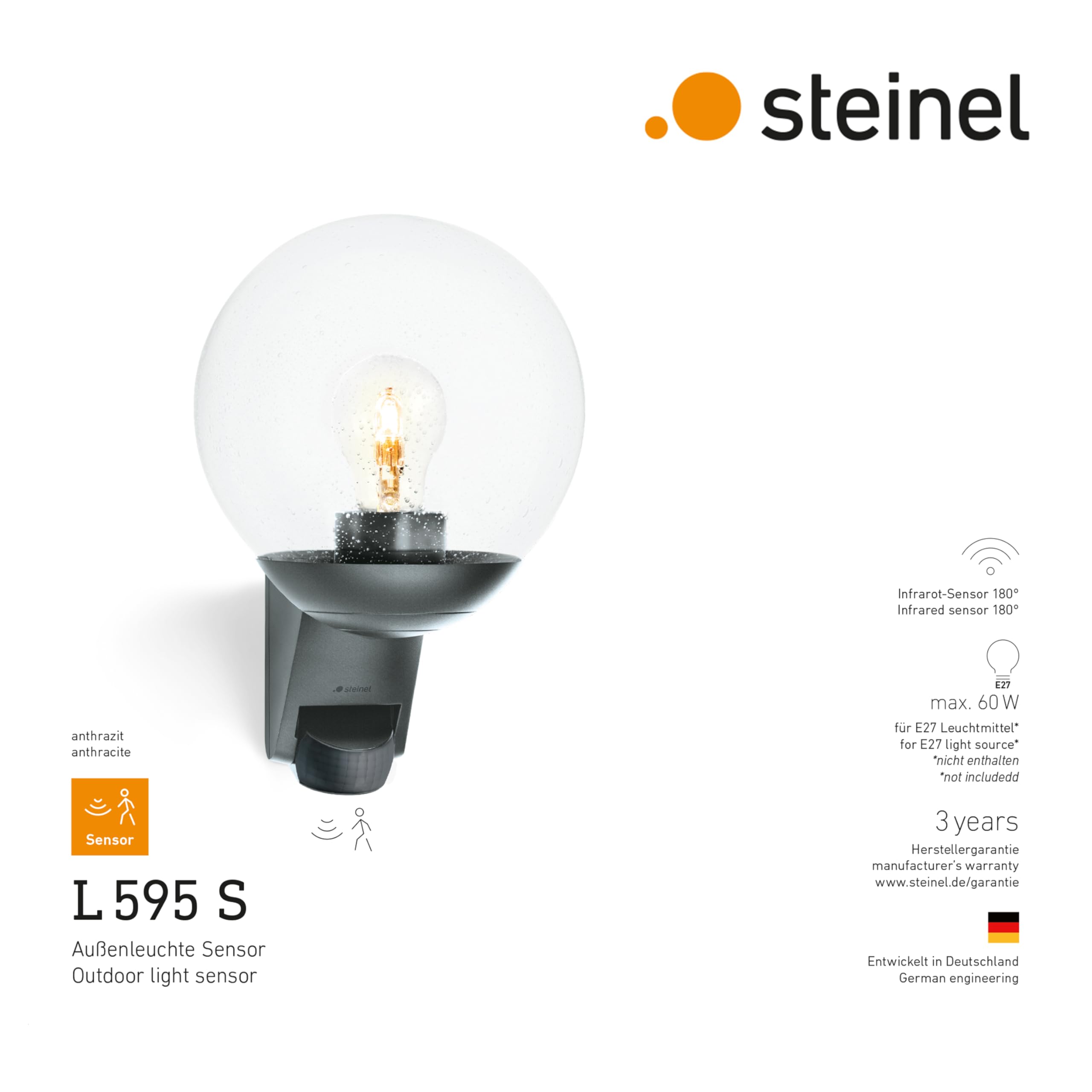 Steinel L 595 S Lampa zewnętrzna z czujnikiem ruchu, antracytowa lampa zewnętrzna z szklaną kulą, gwint E27, oświetlenie domu, tarasu i wejścia