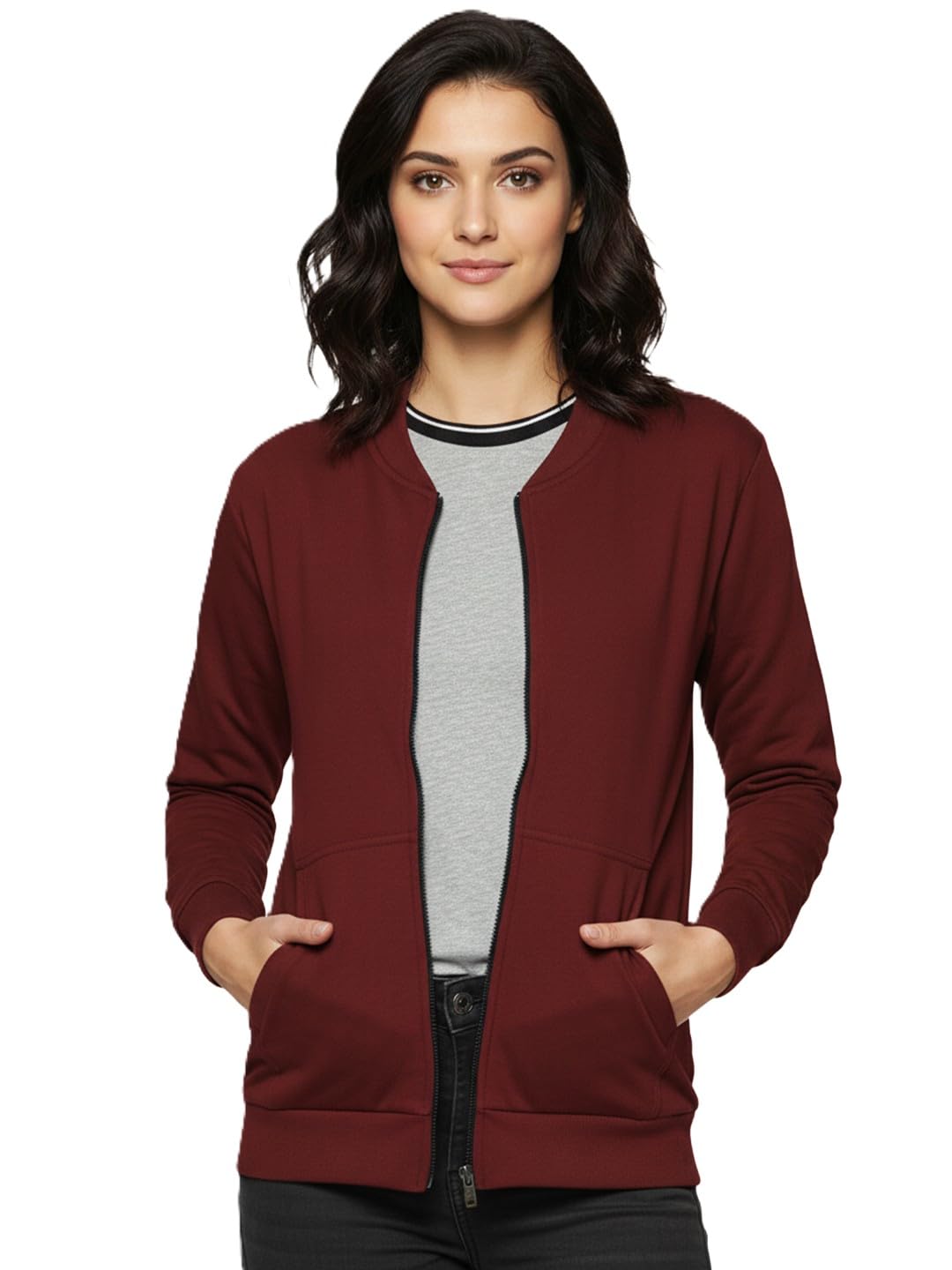 Women's Loopknit Loose Fit Drop Shoulder Bomber Jacket with Zipper Closure and Side Pockets For Women (Colour: Maroon)-image-10