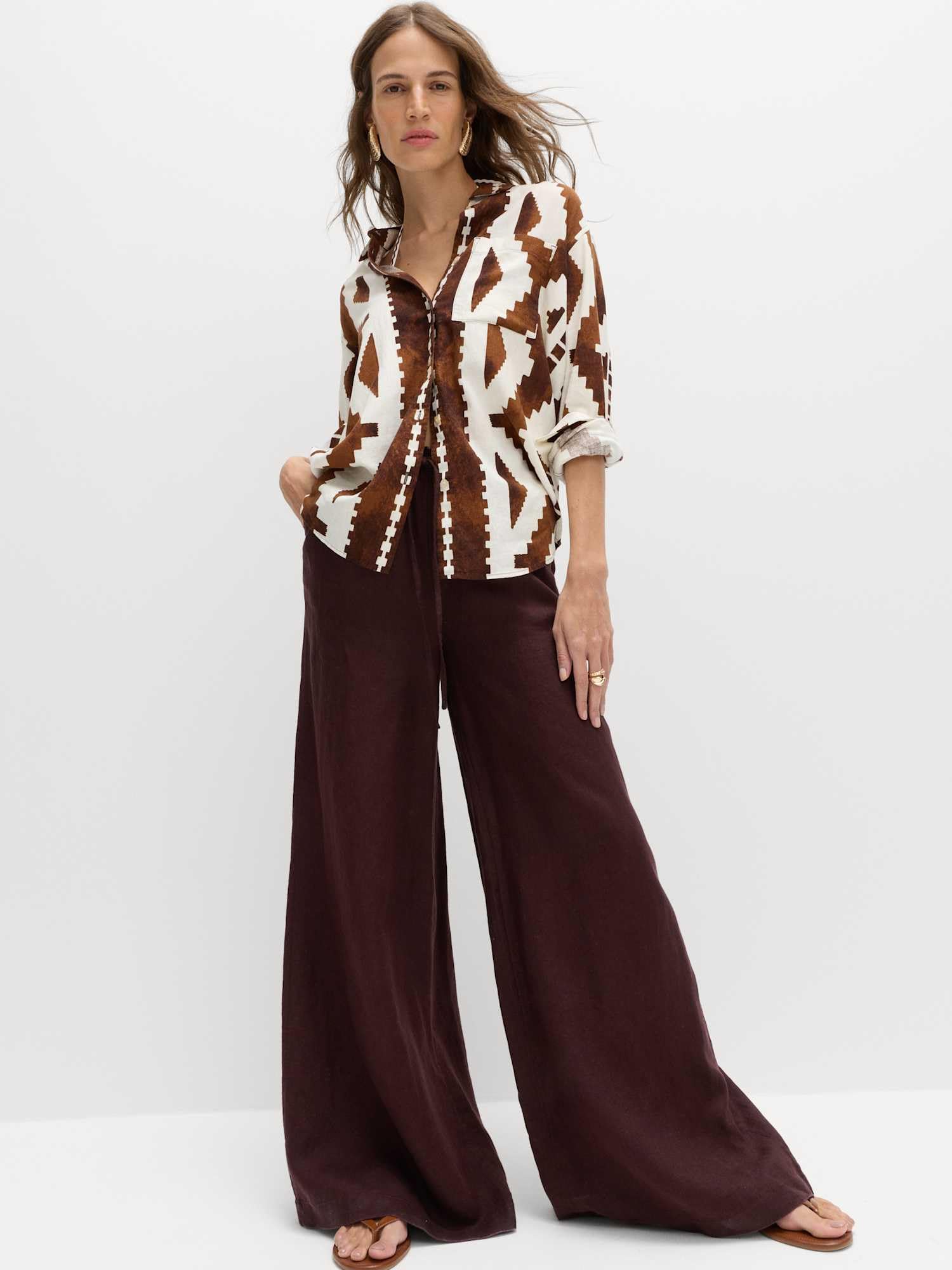 Marks & Spencer Pantalon Palazzo Jambes Larges Femme en Pur Lin, Taille à Cordon, avec Poches