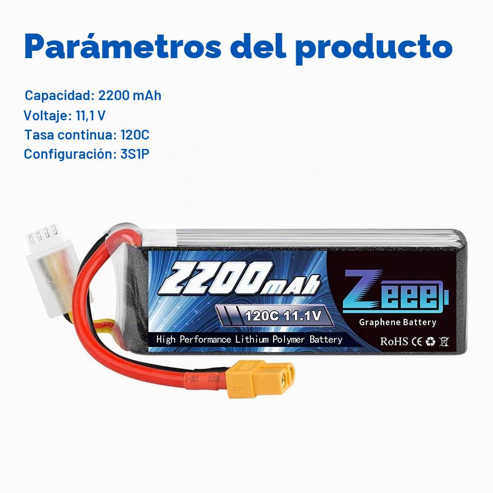 Zeee 3S Lipo Batería 11.1V 2200mAh 120C con Conector XT60 para UAV Drones FPV Bicicleta de Carretera Quadcopters Avión Helicóptero RC Barco (2 Paquetes)