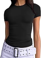Vista 1 de Trendy Queen Camisetas básicas para mujer, cuello redondo, manga corta, lindas camisetas de verano, ajustadas, ropa Y2K