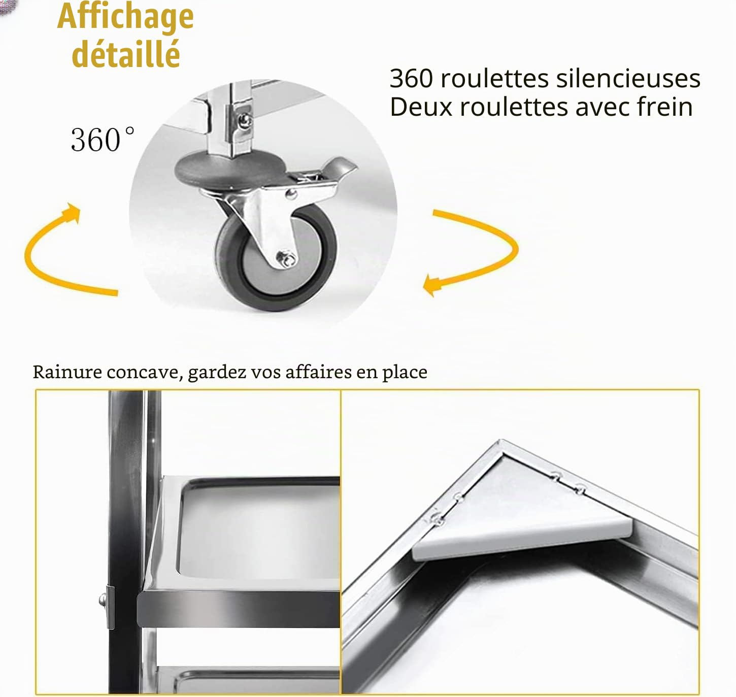 uyoyous Chariot Utilitaire en Acier Inoxydable avec roulettes et poignée,3 étages,Chariot de Cuisine en Acier,pour Restaurant et hôtel,2 Roues avec Frein de Frein et 2 sans Frein,75x40x83.5cm