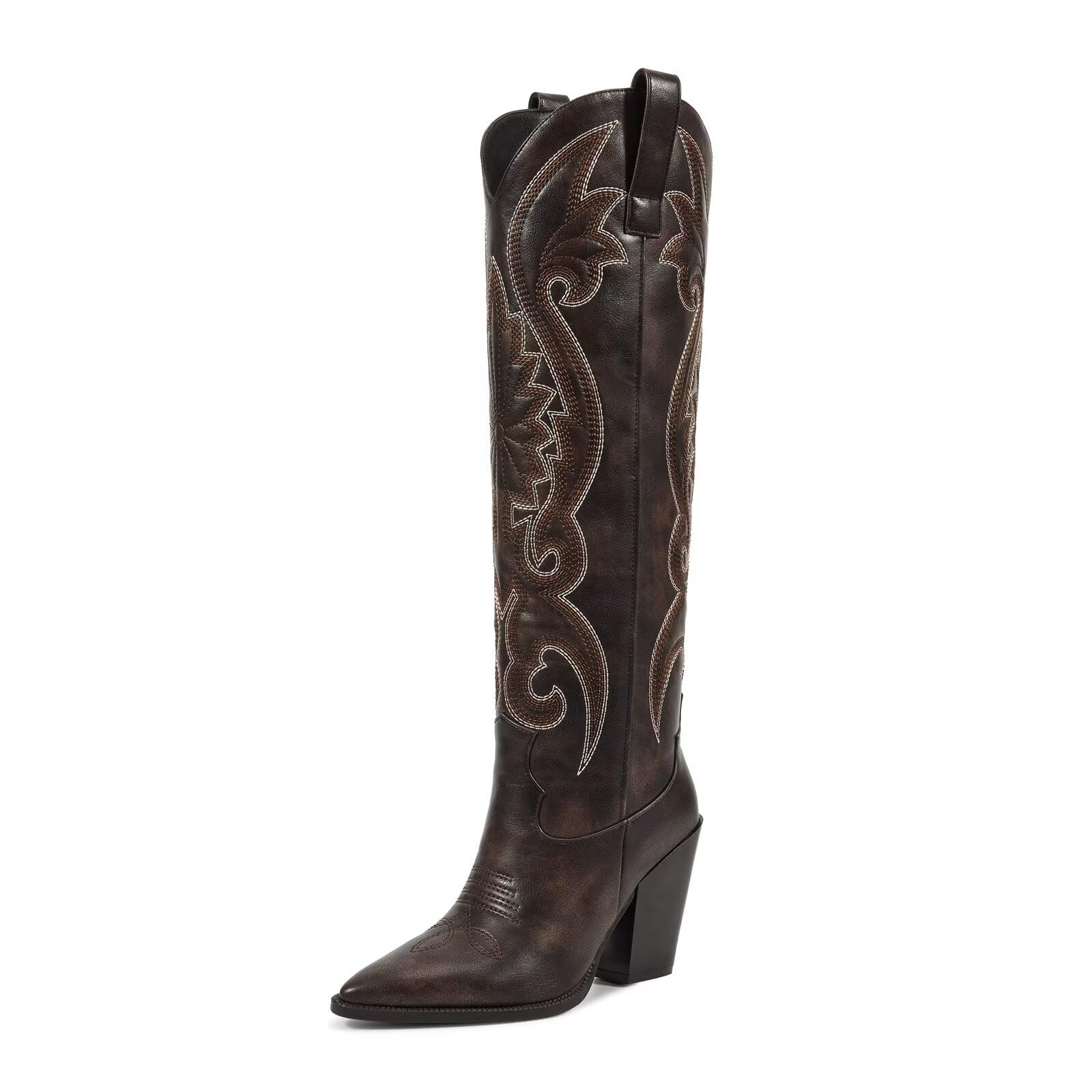 ISNOM Womens Cowboy Knee High Boots Cowgirl Boots Western Boots with Embroidered Pointed Toe Chunky Heel Slip on
