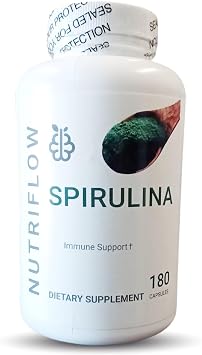 Natural Spirulina Capsules Super Green Powder Supplement | Spirulina Powder Nutri Flow Superfood 500mg | Non-GMO Vegan Vegetable Rich in Vegan Protein 180 Capsules