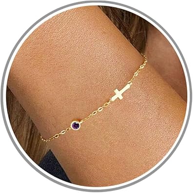 Cross Bracelet with Birthstone Dainty Gold Bracelets for Women Birthday Gift Christian Gifts for Her Religious Faith Baptism Confirmation Gifts for Teen Girls Christmas Jewelry for Sister Daughter Granddaughter Girlfriend