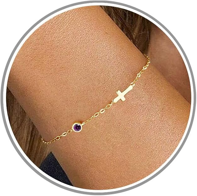 Cross Bracelet with Birthstone Dainty Gold Bracelets for Women Birthday Gift Christian Gifts for Her Religious Faith Baptism Confirmation Gifts for Teen Girls Christmas Jewelry for Sister Daughter Granddaughter Girlfriend