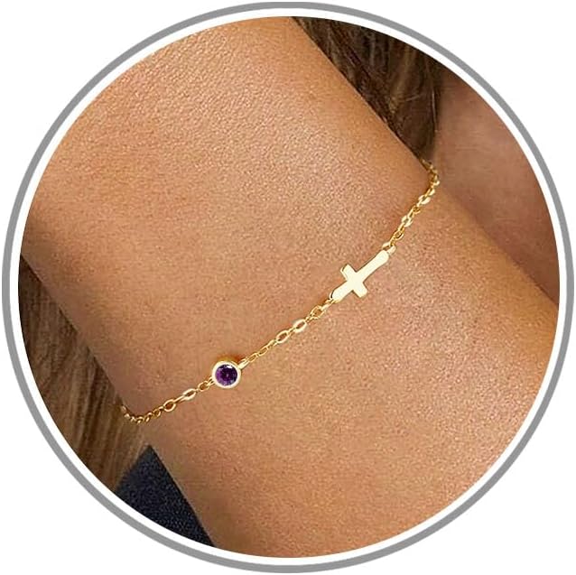 Cross Bracelet with Birthstone Dainty Gold Bracelets for Women Birthday Gift Christian Gifts for Her Religious Faith Baptism Confirmation Gifts for Teen Girls Christmas Jewelry for Sister Daughter Granddaughter Girlfriend