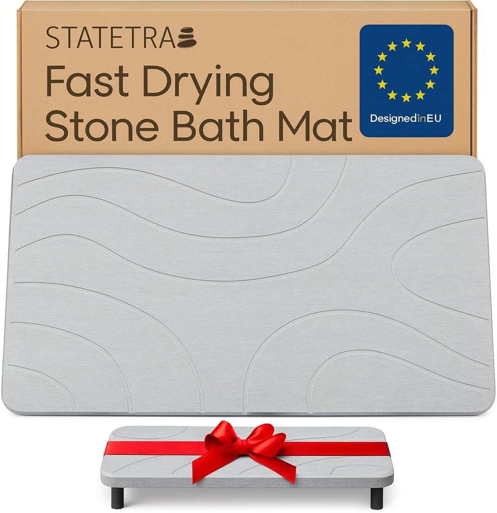 Stone Bath Mat Quick-Dry Absorbing Diatomaceous Earth Bath Mat | 2 Stone Mats - Large & Small Mat for Bathroom | Anti-Slip Diatomaceous Bathmat 100% Natural Bathroom Rug Stones (White Paths)