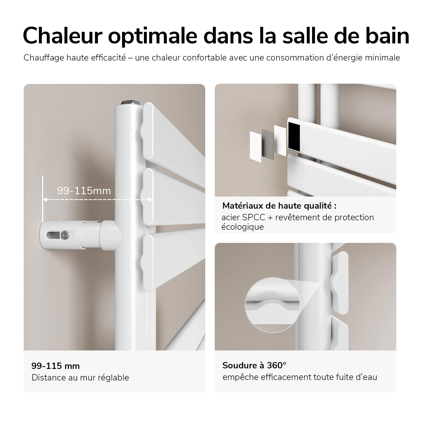 EMKE Sèche-Serviettes à Eau Chaude 762 x 500 mm Blanc, 397 W | Radiateur de Salle de Bain pour Chauffage Central, Raccordement Latéral, Porte-Serviettes Mural Design Moderne