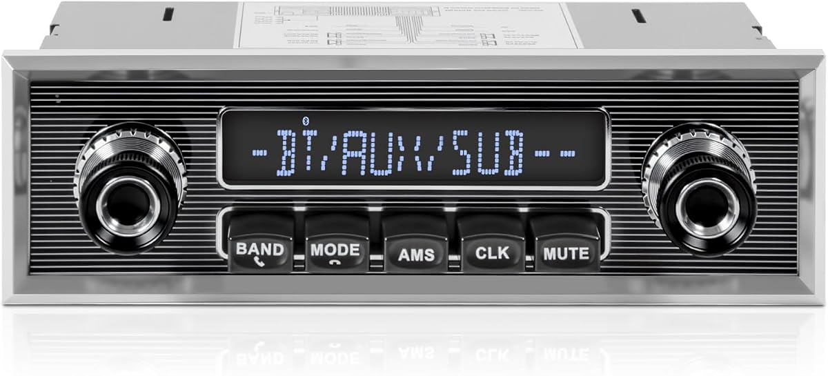 Radio retro vintage para vehículos clásicos - Estéreo para automóvil Bluetooth de un solo DIN | AM FM USB AUX EQ Altavoz de subgraves Salida RCA